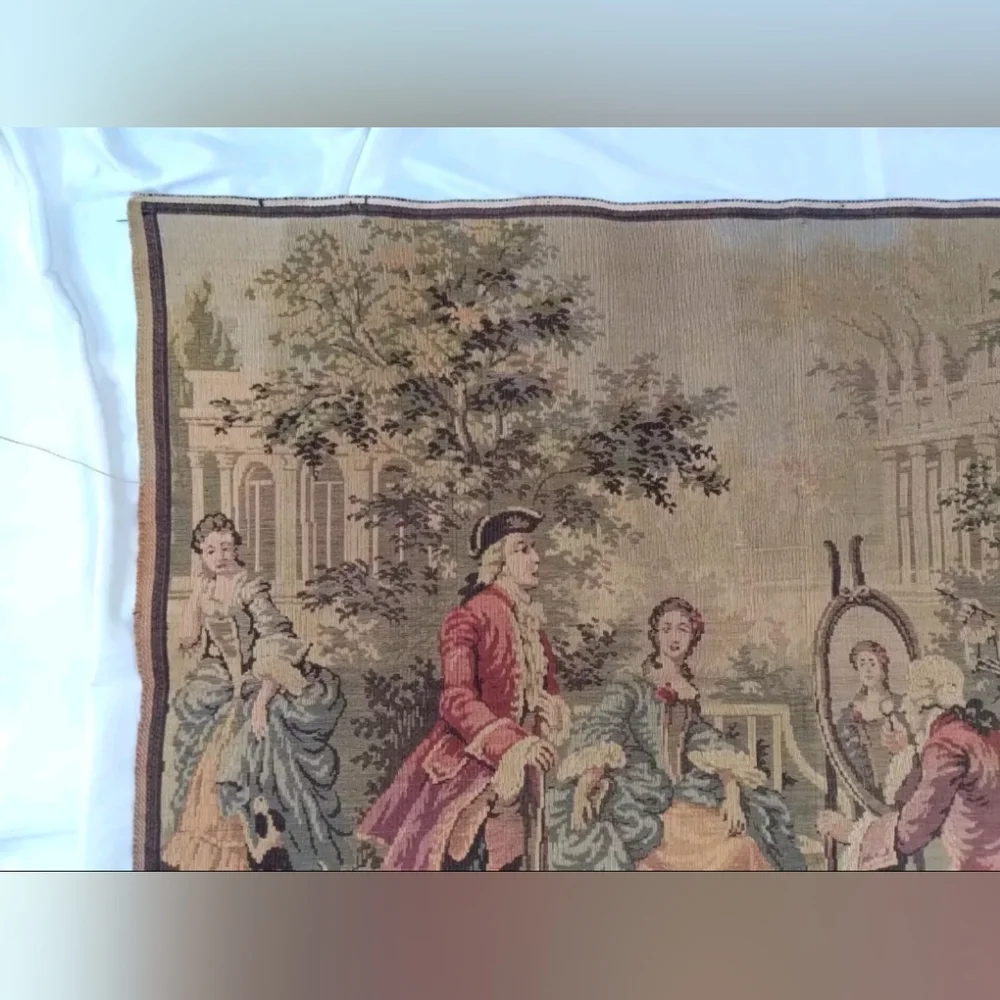 Antique Woven Tapestry Wall Hanging Romantic Baroque Painting Scene Belgium Wool